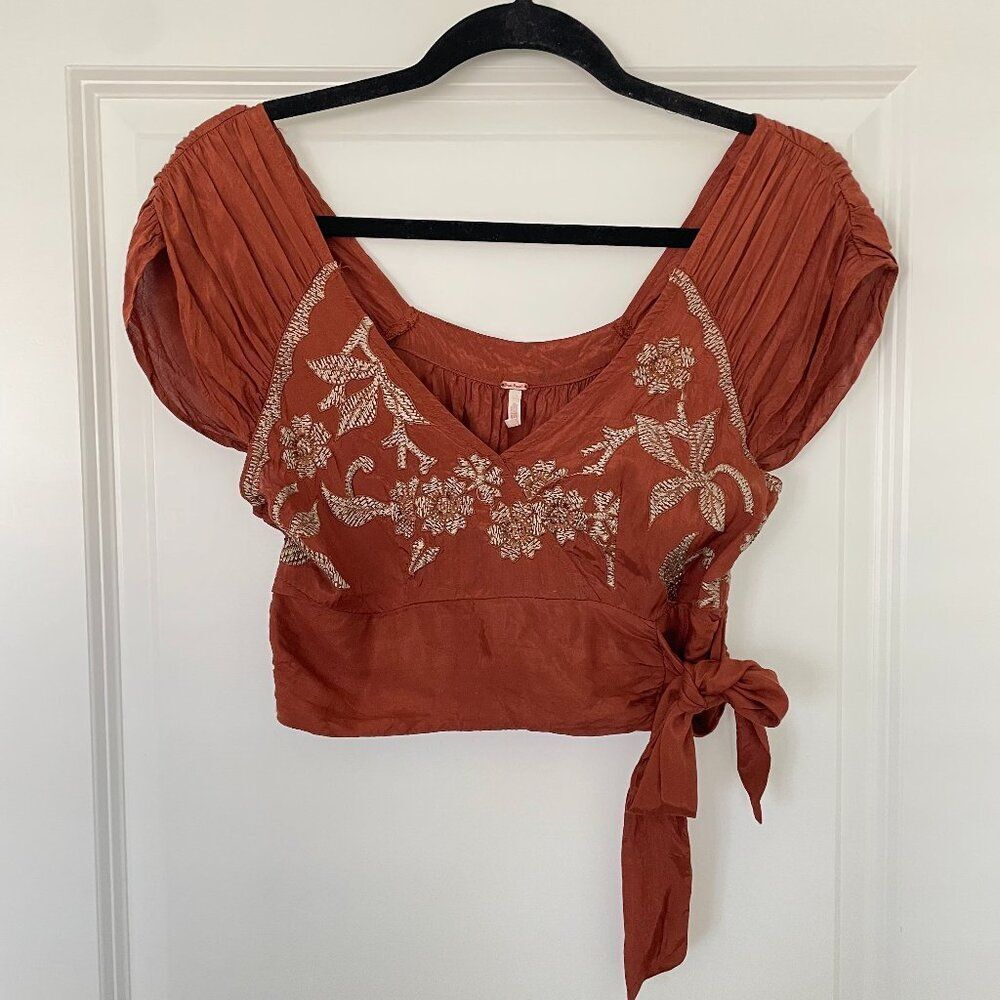 Free People Sahara Embroidered Top Women XS Brown Boho Short Sleeve Blouse - Picture 3 of 8